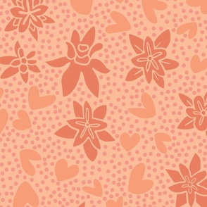Floral Ditsy Toss of Milkweed Blossoms, Hearts & Polka Dots. Pantone 2024 color peach fuzz, orange pink (largest scale)