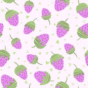 527 - Medium scale sweet lavender purple and mint green strawberries  and hearts, tossed, non directional - for valentines, children, wedding, kids apparel, nursery accessories 