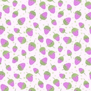 527 - small scale sweet lavender purple and mint green strawberries  and hearts, tossed, non directional - for valentines, children, wedding, kids apparel, nursery accessories 