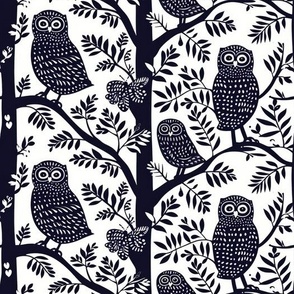 Linocut owls and trees