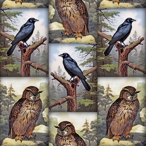 Maine Woods Owl and Crow 12 x 17 Large Panels