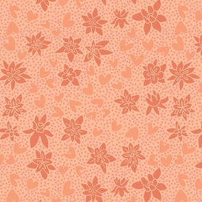 Floral Ditsy Toss of Milkweed Blossoms, Hearts & Polka Dots. Pantone 2024 color peach fuzz, orange pink [medium scale]