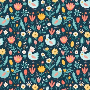 Springtime Serenade - Vibrant Birds and Florals Fabric Design