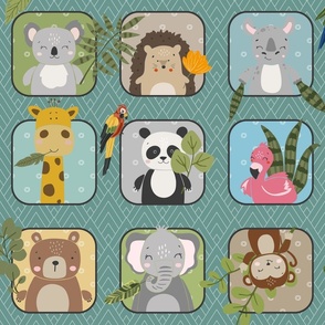 Wild Animals Kids Quilt – Safari and Woodland Animal Bedding Baby Blanket (pattern F/ jungle green)