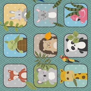 Wild Animals Kids Quilt – Safari and Woodland Animal Bedding Baby Blanket (pattern F/ jungle green) ROTATED
