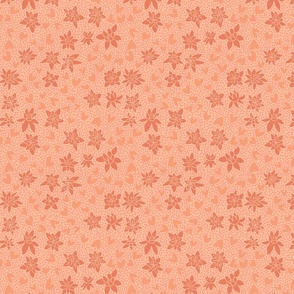 Floral Ditsy Toss of Milkweed Blossoms, Hearts & Polka Dots. Pantone 2024 color peach fuzz, orange pink [Small Scale]