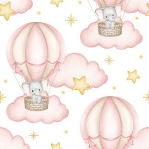 Pink Baby Elephant Air Balloon Clouds Stars Girl Nursery 