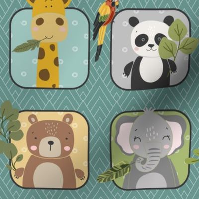 Wild Animals Kids Quilt – Safari and Woodland Animal Bedding Baby Blanket, Elephant Giraffe Zebra Tiger (pattern F/ jungle green) smaller scale