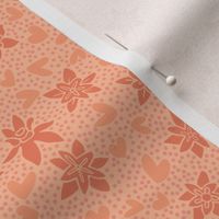 Floral Ditsy Toss of Milkweed Blossoms, Hearts & Polka Dots. Pantone 2024 color peach fuzz, orange pink [tiny scale]