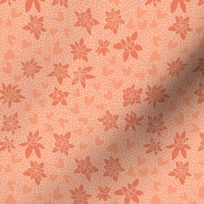 Floral Ditsy Toss of Milkweed Blossoms, Hearts & Polka Dots. Pantone 2024 color peach fuzz, orange pink [tiny scale]