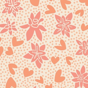 Floral Ditsy Toss of Milkweed Blossoms, Hearts & Polka Dots. Pantone 2024 color peach fuzz, orange pink [largest scale]