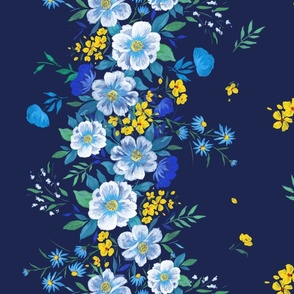 54" Wide Hand Painted Gouache Camellia Flowers Trailing with Dark Blue Background Border Print