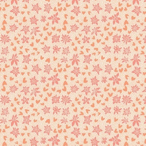 Floral Ditsy Toss of Milkweed Blossoms, Hearts & Polka Dots. Pantone 2024 color peach fuzz, orange pink [small scale]
