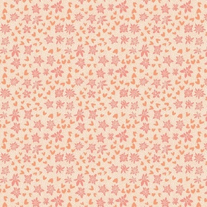 Floral Ditsy Toss of Milkweed Blossoms, Hearts & Polka Dots. Pantone 2024 color peach fuzz, cream pink [tiny scale]