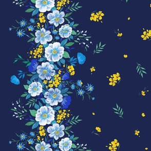 42" Wide Hand Painted Gouache Camellia Flowers Trailing with Dark Blue Background Border Print