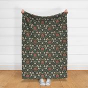 Welcoming vintage garden  - arts and crafts style floral in warm rust red and olive green on dark green - large