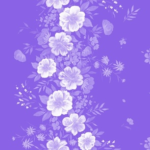 56" Wide Hand Painted Gouache Camellia Flowers Trailing in Monotone Purple Border Print