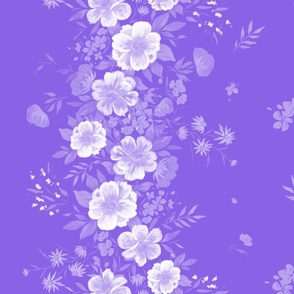54" Wide Hand Painted Gouache Camellia Flowers Trailing in Monotone Purple Border Print
