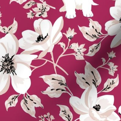 Large // Great Pyrenees dog Magenta floral white magnolia flowers 