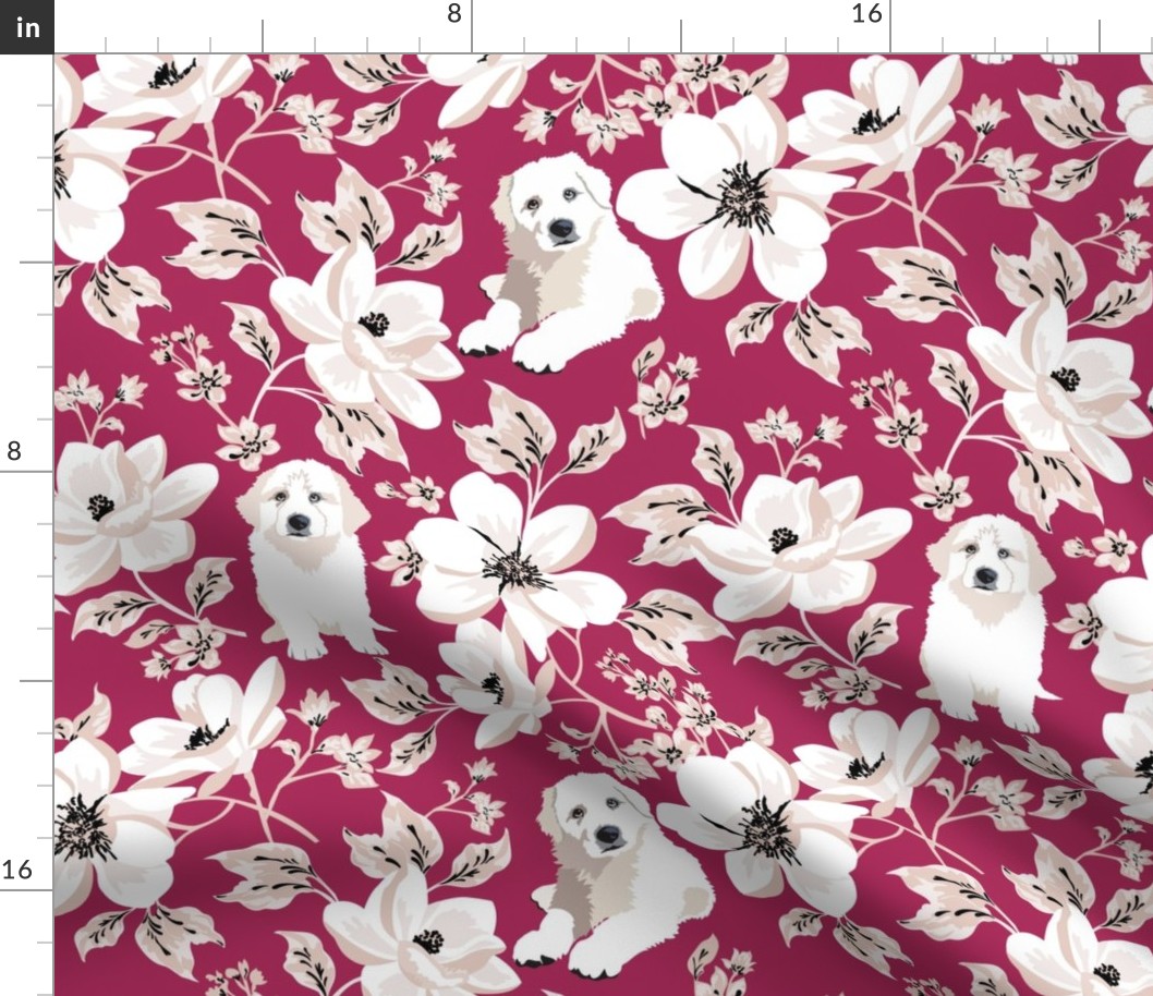 Large // Great Pyrenees dog Magenta floral white magnolia flowers 