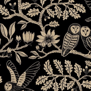 Barn Owls with Oaks and Magnolias in gold-beige on black - extra large