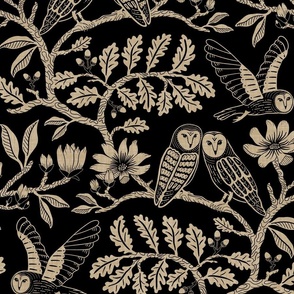 Barn Owls with Oaks and Magnolias in gold-beige on black - large