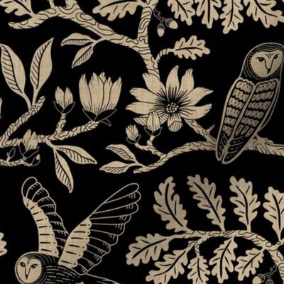 Barn Owls with Oaks and Magnolias in gold-beige on black - medium