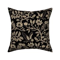 Barn Owls with Oaks and Magnolias in gold-beige on black - medium