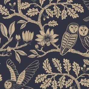 Barn Owls with Oaks and Magnolias in gold-beige on deep grey-blue - extra large