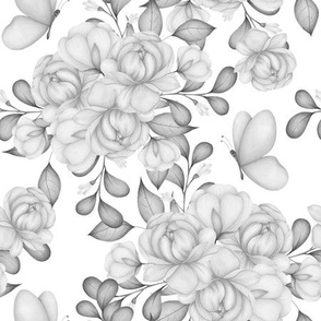Peony Floral Flowers Bouquet Butterfly Grayscale