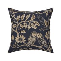 Barn Owls with Oaks and Magnolias in gold-beige on deep grey-blue - large