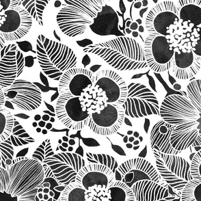 large - Raspberry florals with leaves and berries - black and white