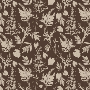 Medium scale traditional botanical print with flowers, plants, leaves and wild rosemary in tan and dark brown.