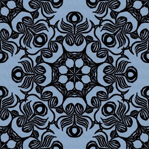 Woodblock Peacock Feather Mandala Black on Blue