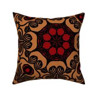 Woodblock Peacock Feather Mandala Black on Brown with Red