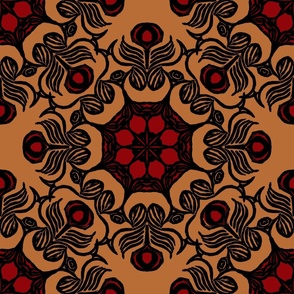 Woodblock Peacock Feather Mandala Black on Brown with Red