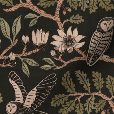 Barn Owls with Oaks and Magnolias in copper brown and olive green on textured warm charcoal - medium