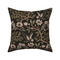 Barn Owls with Oaks and Magnolias in copper brown and olive green on textured warm charcoal - medium