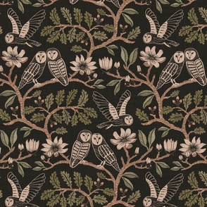 Barn Owls with Oaks and Magnolias in copper brown and olive green on textured warm charcoal - medium