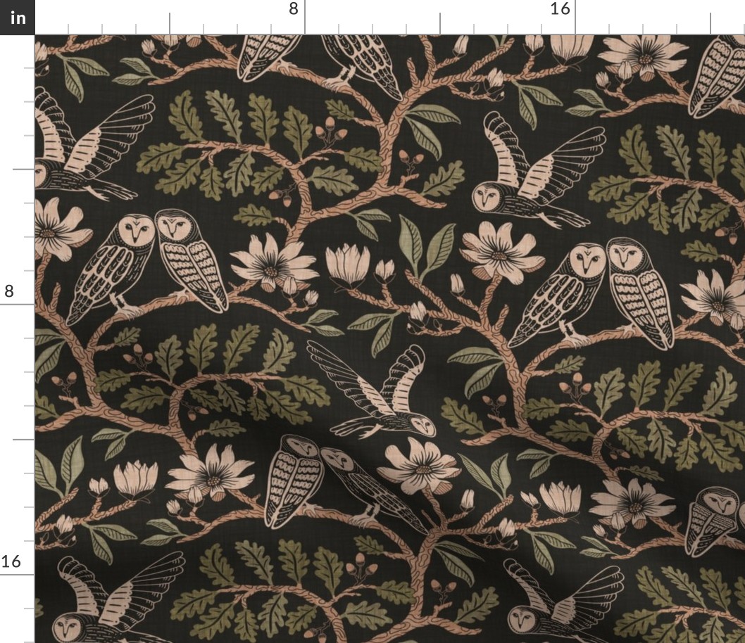 Barn Owls with Oaks and Magnolias in copper brown and olive green on textured warm charcoal - medium