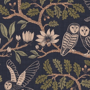 Barn Owls with Oaks and Magnolias in copper brown and olive green on deep grey-blue - extra large