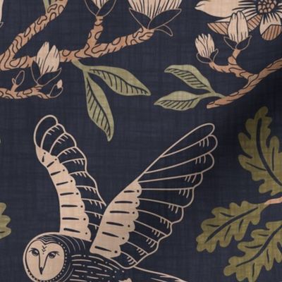 Barn Owls with Oaks and Magnolias in copper brown and olive green on deep grey-blue - large