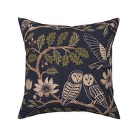 Barn Owls with Oaks and Magnolias in copper brown and olive green on deep grey-blue - large