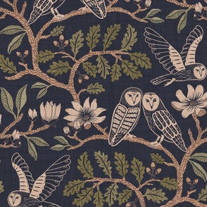 Barn Owls with Oaks and Magnolias in copper brown and olive green on deep grey-blue - large