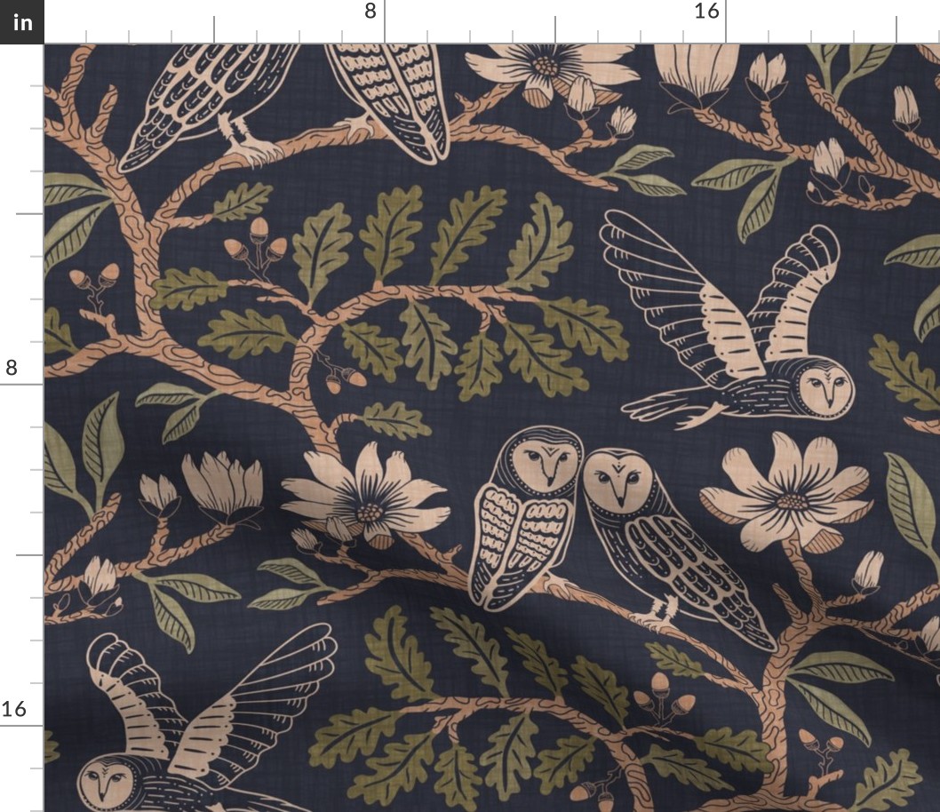 Barn Owls with Oaks and Magnolias in copper brown and olive green on deep grey-blue - large