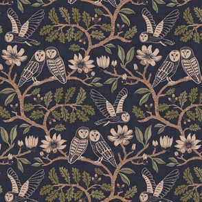 Barn Owls with Oaks and Magnolias in copper brown and olive green on deep grey-blue - medium
