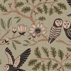Barn Owls with Oaks and Magnolias in copper brown and olive green on khaki green - extra large