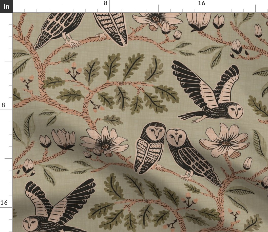 Barn Owls with Oaks and Magnolias in copper brown and olive green on khaki green - large