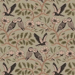 Barn Owls with Oaks and Magnolias in copper brown and olive green on khaki green - medium