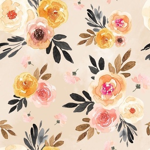 Soft White, Blush & Yellow Roses on Beige, Hand Painted, Watercolor, Jumbo